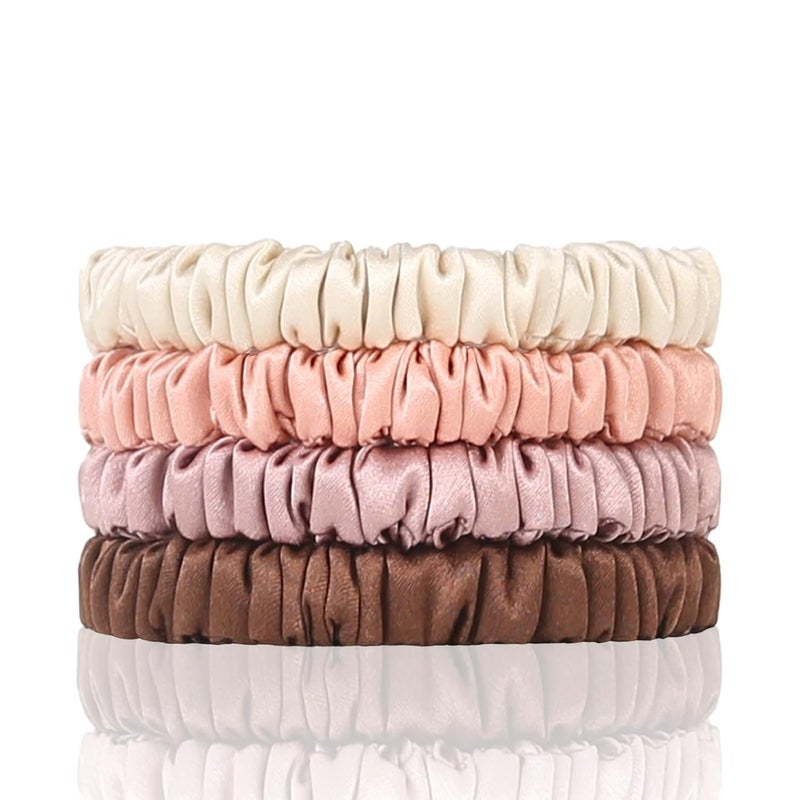 SEMRUE 4 Count Silk Hair Ties 22 Momme 100% Pure Mulberry, Beige, Coral, Brown, Cameo Brown for Hair Sleep, Small Scrunchies for Women - Image 1